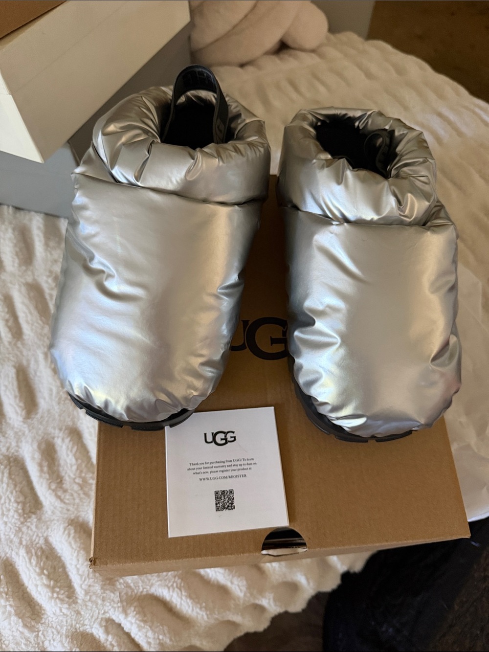 UGG Metallic Silver Puffer Clog Mules